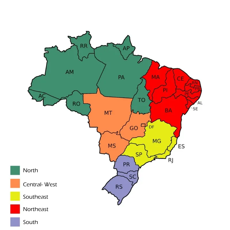 Map of Brazil divided into five regions: North, Central-West, Southeast, Northeast and South
